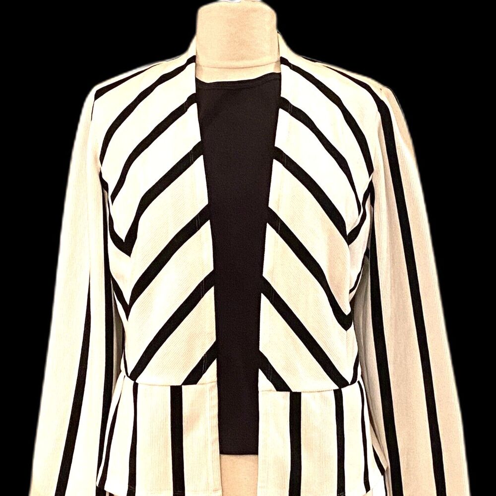 Chicos Stripe Office Siren Spandex Ivory Peplum Jacket Career Long Sl Sz 6 (1)